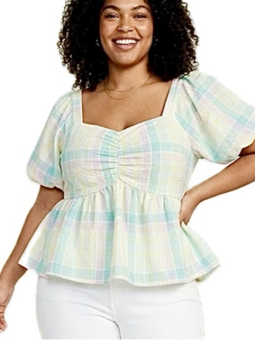 Old Navy Plaid Seersucker Babydoll Top Size XL Pastel Short Puff Sleeve Milkmaid
